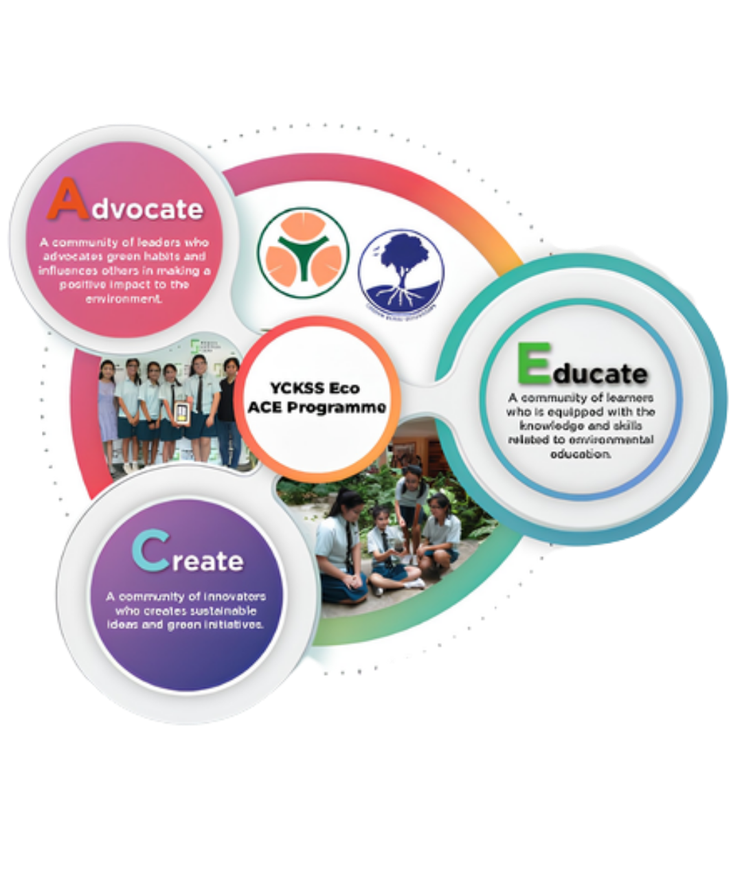 An infographic diagram centered around a circle labeled "YCKSS Eco ACE Programme," branching into three circular nodes that define the ACE framework:  Advocate (Pink Circle): "A community of leaders who advocates green habits and influences others in making a positive impact to the environment."  Create (Purple Circle): "A community of innovators who creates sustainable ideas and green initiatives."  Educate (Teal Circle): "A community of learners who is equipped with the knowledge and skills related to environmental education."  The top of the diagram includes the school logo and a tree-shaped eco emblem. The graphic is accompanied by two photos: one displaying five students holding an award framed certificate, and another showing four students interacting with plants outdoors.